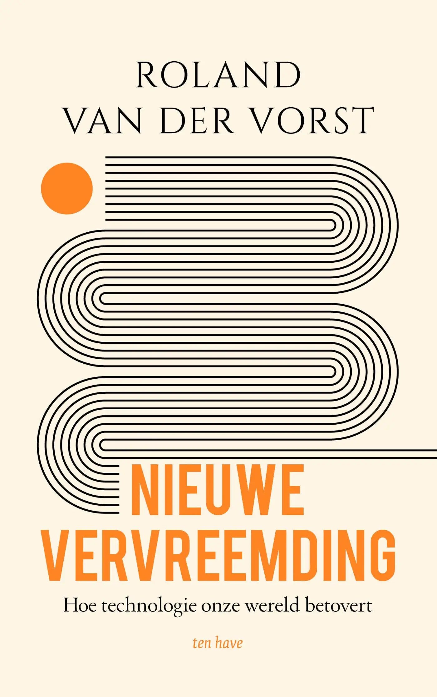 De boekcover van nieuwe vervreemding toont een abstract ontwerp met oranje en zwarte tekst over wereld betovert