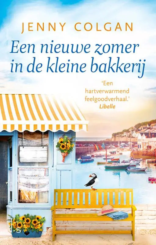 Een charmante blauwe kleine bakkerij met geelwit gestreept luifel en een puffin bij een nieuwe zomer roman van jenny colgan
