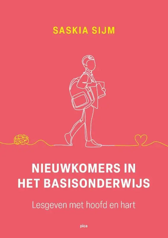 Minimalistische witte lijntekening van een kind met rugzak en boeken op een koraalroze achtergrond voor nieuwkomers in het basisonderwijs