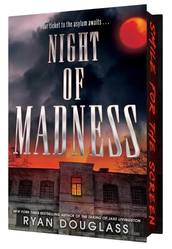 Hardcover boek night of madness van ryan douglass met donkere cover en oud gesticht onder rode lucht en gloeiende maan