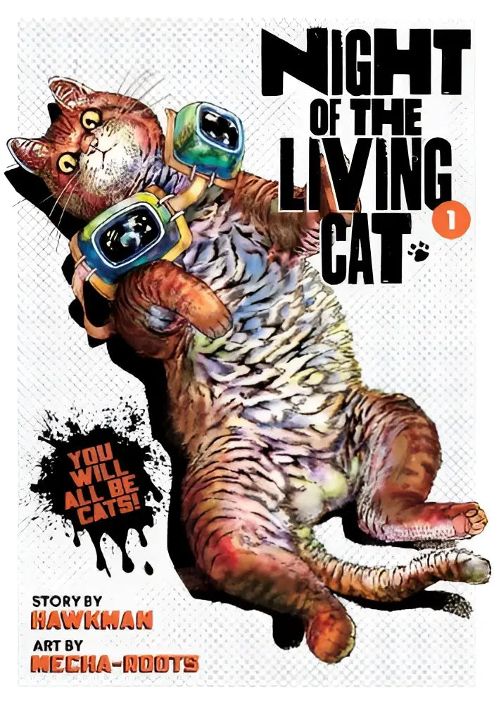 De cover van het manga night of the living cat vol 1 toont een oranje tabby kat met futuristische blauwgroene goggles