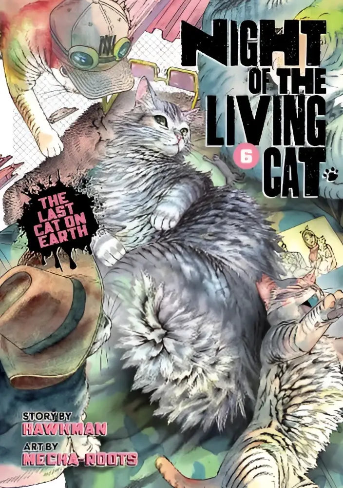 De cover van night of the living cat volume 6 met een grote grijze tabby kat met pluizige vacht en expressieve ogen