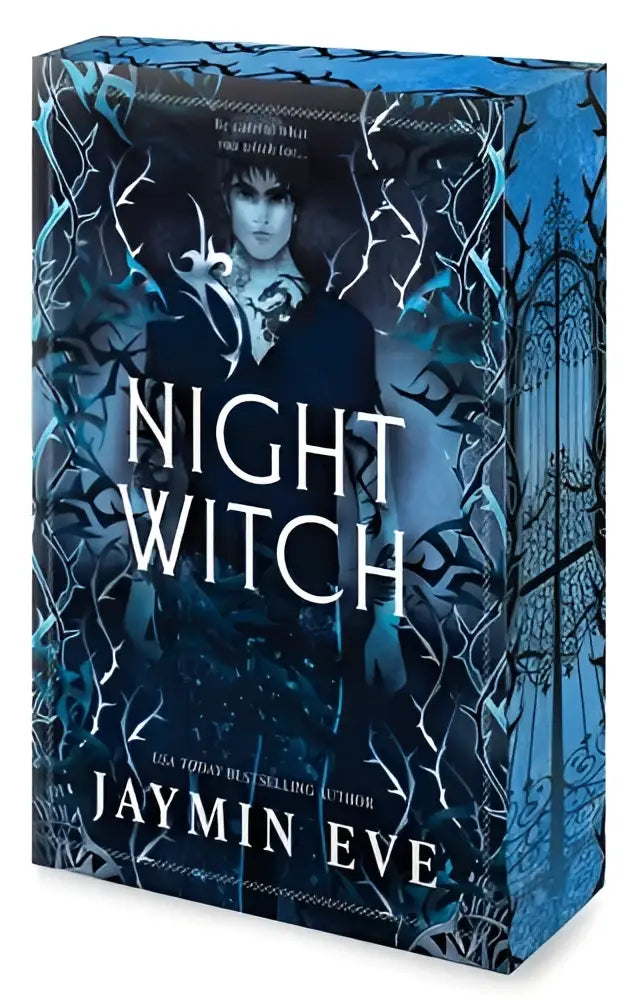 The night witch boxed set by jaymin eve features a dark blue cover with intricate white and black tree patterns in a spicy magical dark academia design