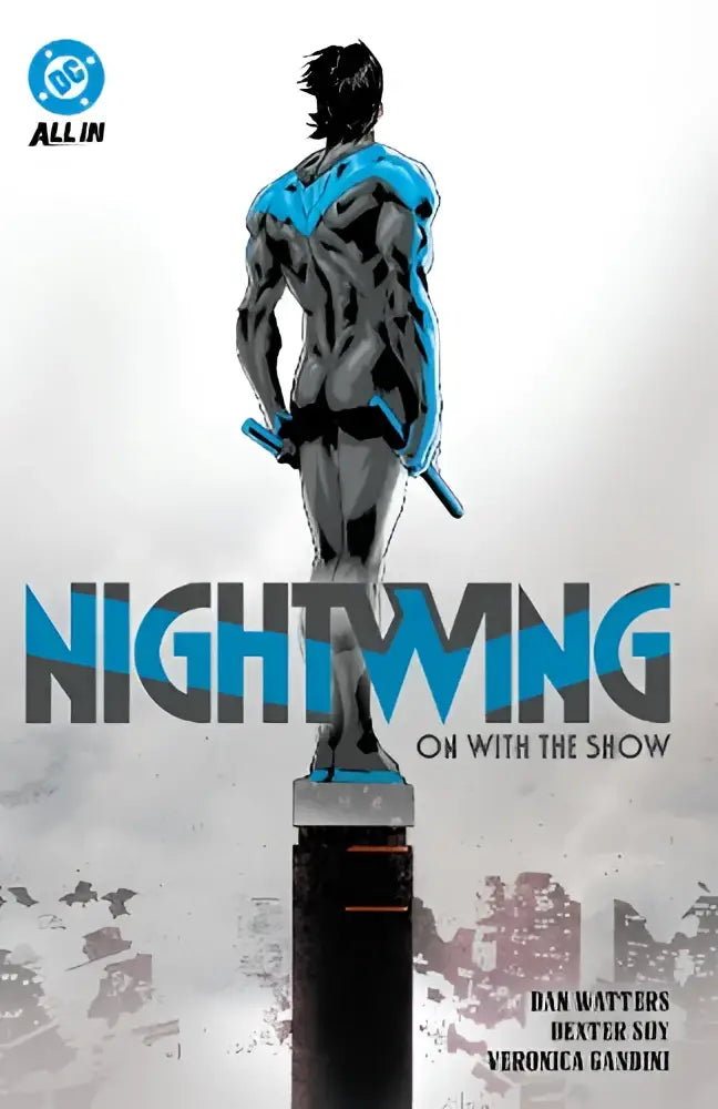 Nightwing vol 1 on with the show met een blauw-zwarte geharnaste superheldenfiguur staand op een voetstuk