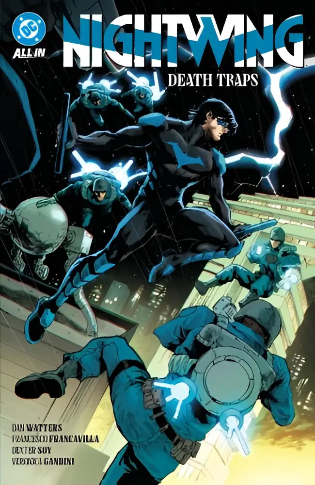 Cover of nightwing vol 2 death traps graphic novel featuring dark blue and black costumes in a cityscape backdrop