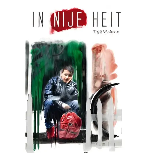 Album cover van nije heit door thoof stadman toont een grimmige illustratie van een persoon met een rode tas voor jonge lezers