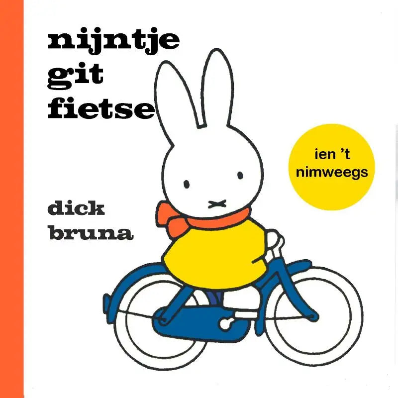 Cartoon rabbit wearing a yellow shirt and orange scarf rides a blue bicycle in nijntje git fietse ien t nimweegs illustration