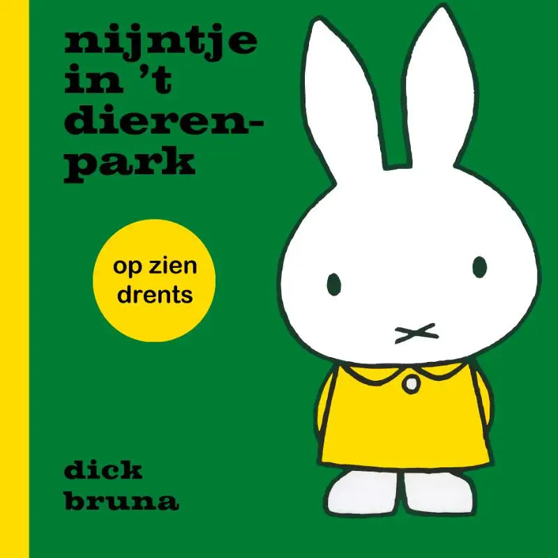 Een wit konijn personage in een gele jurk met kraag en knoop uit nijntje in t dierenpark op zien drents voor jonge lezers
