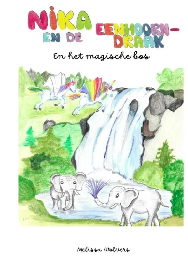 Kinderboek nika en de eenhoorn-draak en het magische bos met kleurrijke olifanten en unicorns voor jonge lezers