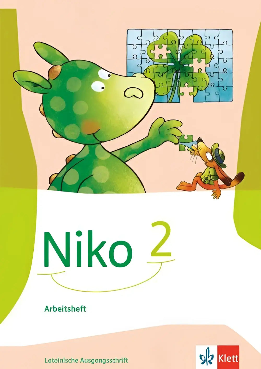 Groene dinosaurus met stippen op cover van niko 2 arbeitsheft voor lateinischer ausgangsschrift klasse 2