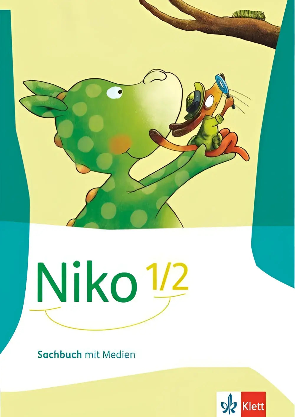 Illustratie van groene dinosaurus met stippen die een kleine oranje figuur vasthoudt op de cover van niko sachbuch mit medien klasse 1/2