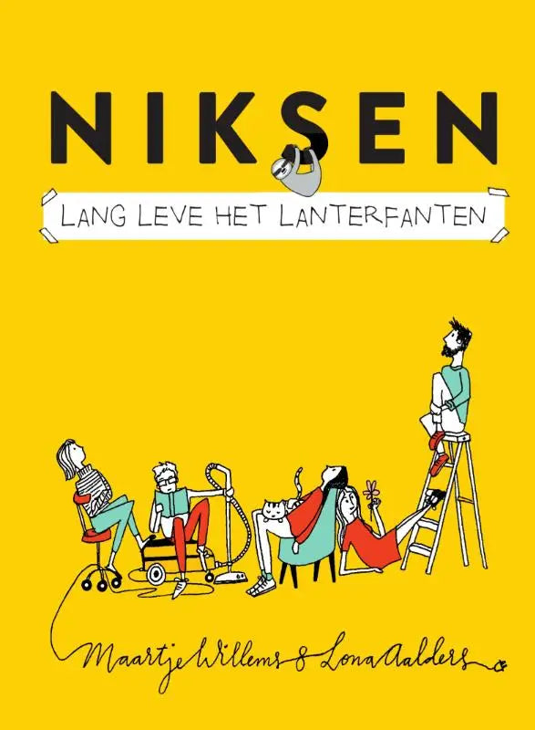 Heldere gele boekcover van niksen met een grijze luiaard in de s en de tekst leve het lanterfanten