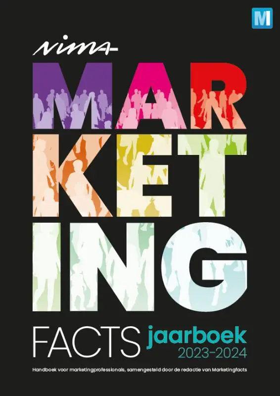 Vibrante meerkleurige typografie met silhouetten vormt het woord marketing op zwarte achtergrond in nima marketingfacts jaarboek