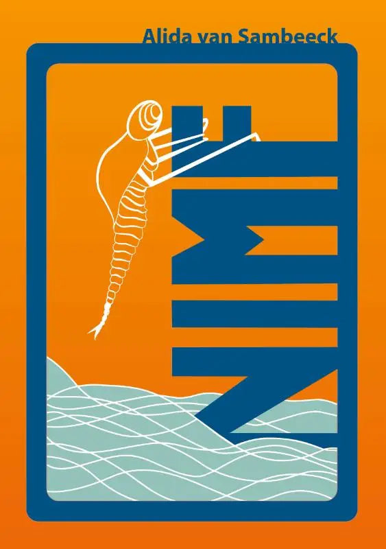 Oranje en blauwe grafische boekomslag van nimf met een gestileerde witte insectachtige illustratie en opvallende letters