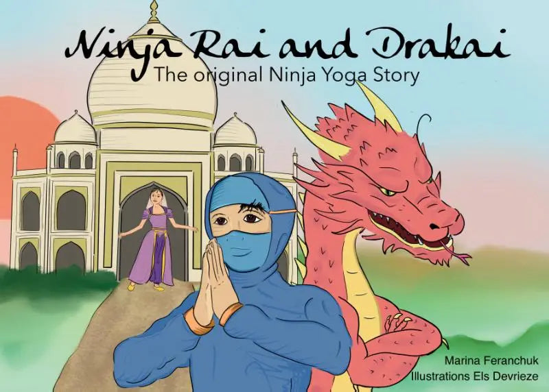 Blue hooded ninja character with hands in prayer position beside red dragon in the original ninja yoga story product