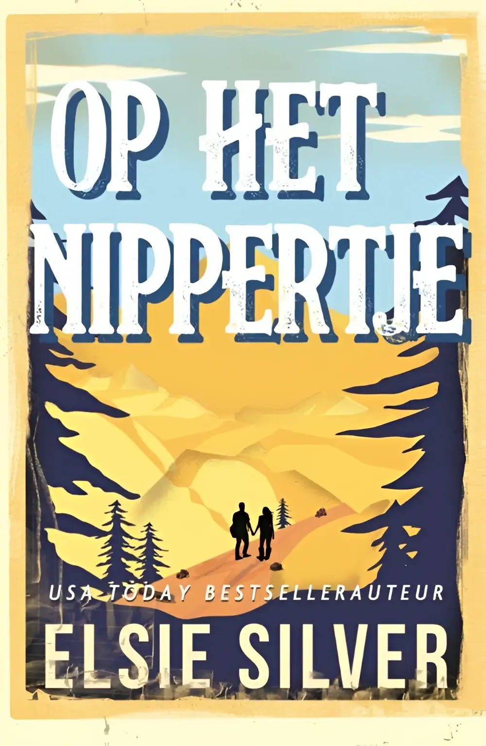 Vintage stijl boekomslag van op het nippertje door elsie silver met gestileerde illustraties van goudkoorts ranch romance