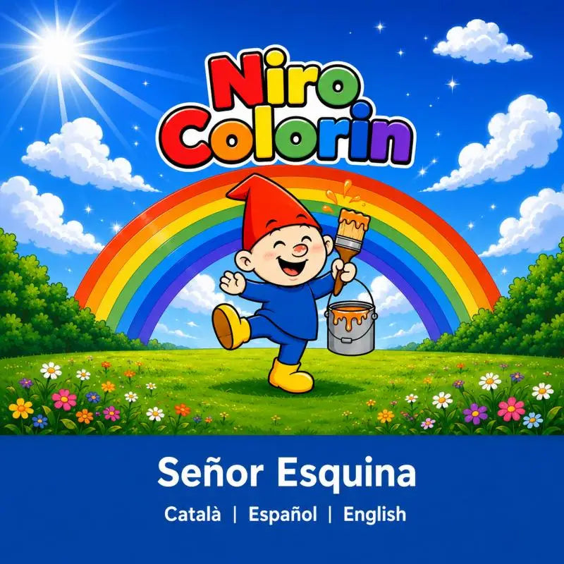 Een vrolijke cartoonkabouter in een rood hoedje en blauw kostuum met verfkwast en emmer onder een regenboog voor niro colorin jonge lezers