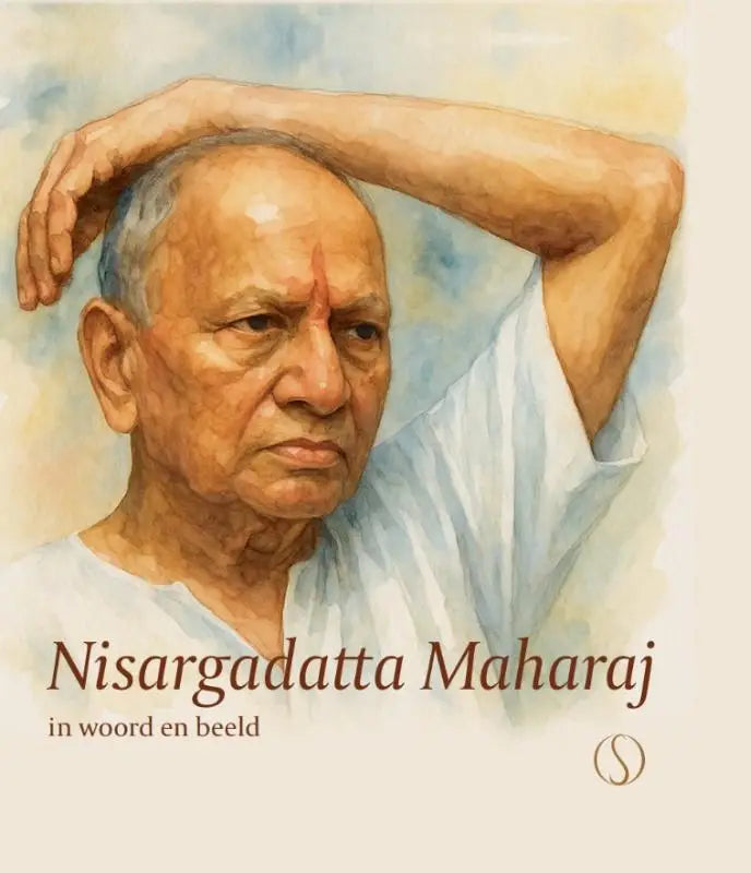 Waterverfportret van nisargadatta maharaj in een wit gewaad met een hand op het hoofd in woord en beeld