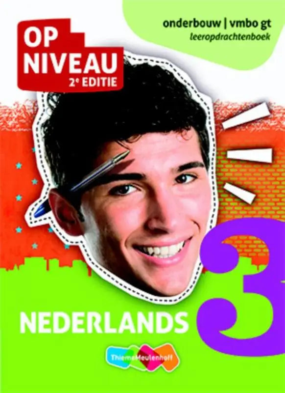 Brightly colored dutch language workbook op niveau cover with a smiling young man and vibrant green orange purple graphics