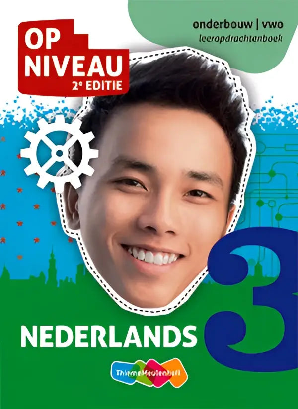 Op niveau cover met lachende jonge man met donker haar en witte omlijning op groene achtergrond