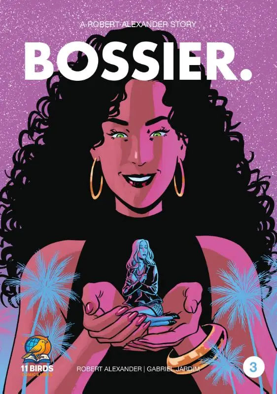 De cover van het stripboek bossier toont een vrouw met zwart krullend haar en gouden oorbellen tegen een paarse achtergrond in no more games