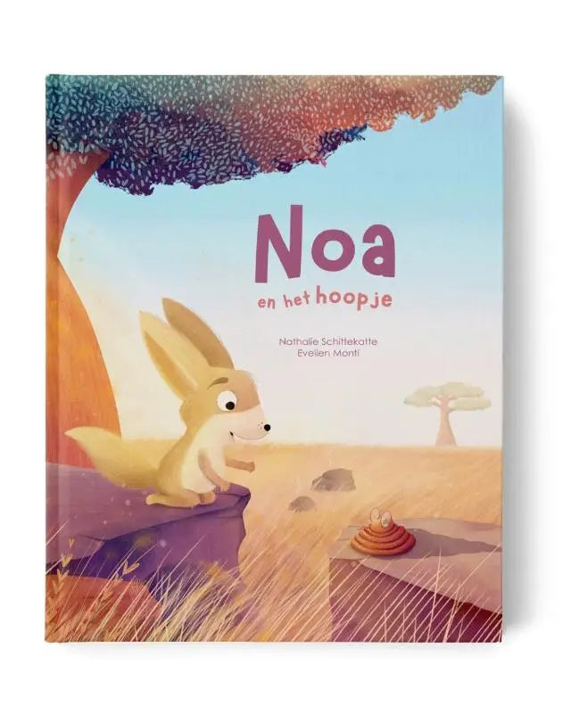 Een geïllustreerd kinderboek genaamd noa en het hoopje met een cartoonvos in zachte pasteltinten voor jonge lezers