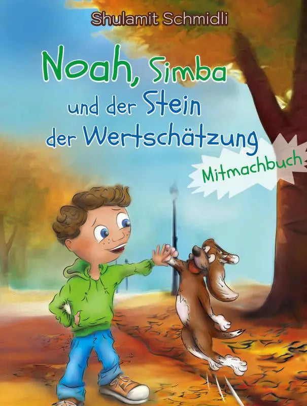 Kinderboekcover noah simba und featuring jongetje in groene hoodie met hond in herfstbos achtergrond