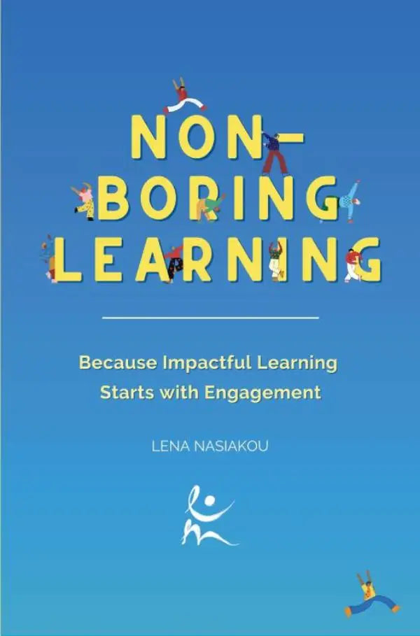 Blauw boek genaamd non boring learning met gedurfde gele tekst en kleurrijke cartoonfiguren geïntegreerd in de letters