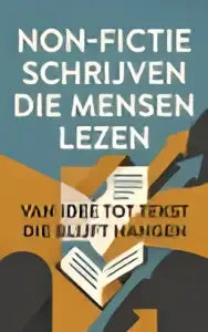 De boekcover toont non-fictie schrijven die mensen lezen in zwart tekst op witte achtergrond met de nadruk blijft hangen