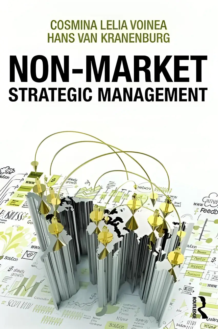 Boekcover van nonmarket strategic management met 3d metalen zuilen met gouden toppen op diagramachtergrond