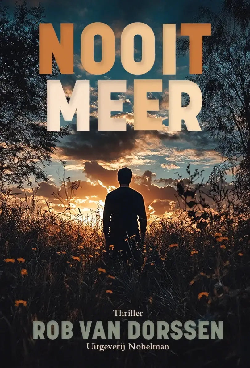 The book cover of the literaire thriller nooit meer features bold gradient letters against a sunset with silhouetted trees and wildflowers