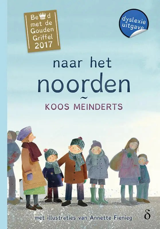 Kinderboek naar het noorden van koos meinderts met illustraties van figuren in winterkleding tegen een besneeuwde achtergrond