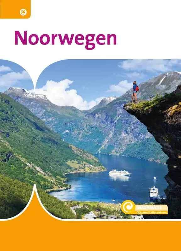 De cover van de reisgids noorwegen toont sneeuwbeklede bergen en blauwe fjorden, perfect voor jonge lezers