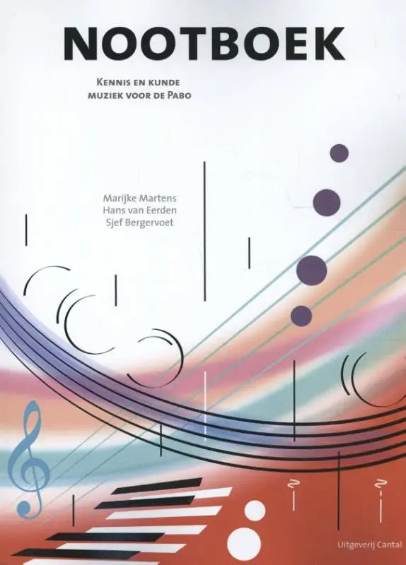 De cover van het dutch muziekboek nootboek door marijke martens met abstracte muzieknotatie en pianotoetsen voor cantal uitgeverij
