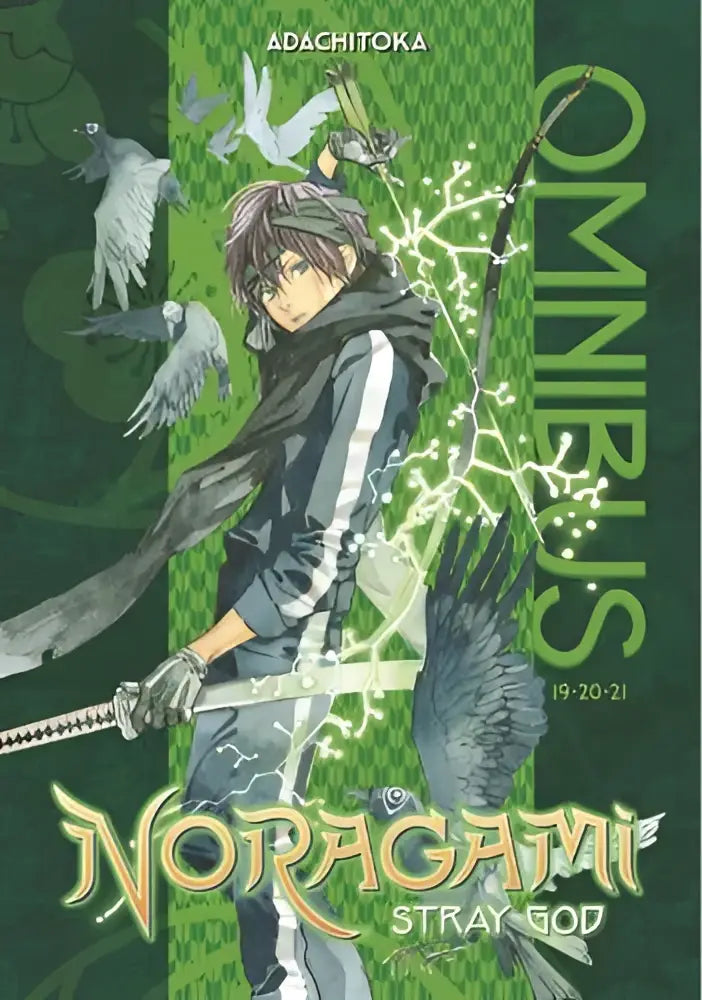 De cover van noragami omnibus 7 toont een zwartharige personage met een gloeiend zwaard tegen een groene achtergrond