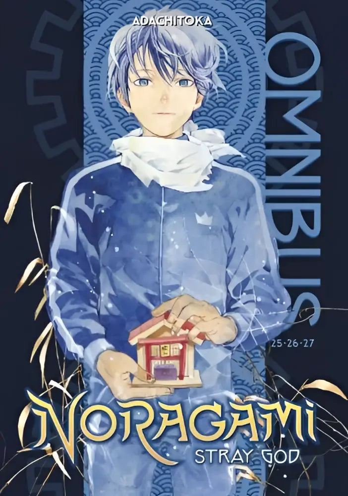 Blauwe geïllustreerde manga cover van noragami omnibus 9 met een personage dat een miniatuur rood-wit huis vasthoudt