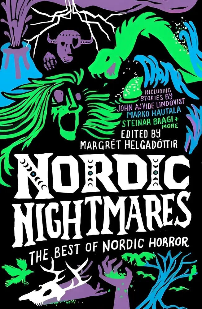 Nordic nightmares the best of nordic horror book cover with vibrant green and purple norse mythological creatures black background profile books ltd