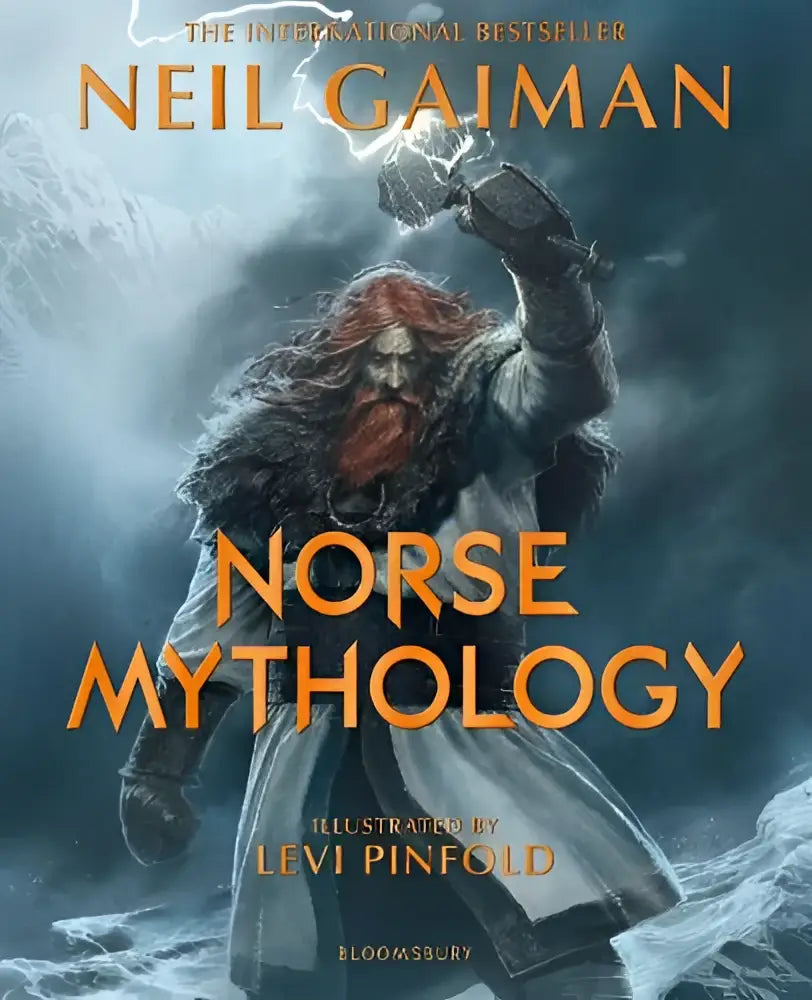 De cover van neil gaimans norse mythology illustrated toont een robuuste figuur met rood haar en mjölnir tegen een stormachtig decor