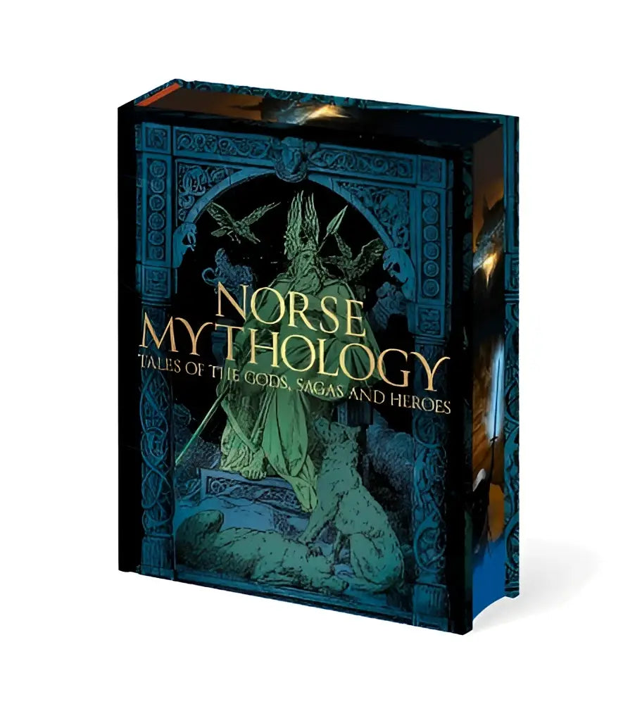 Donkerblauw hardcover boek norse mythology met gouden letters en afbeelding van een norse god voor norse mythology tales sagas and heroes
