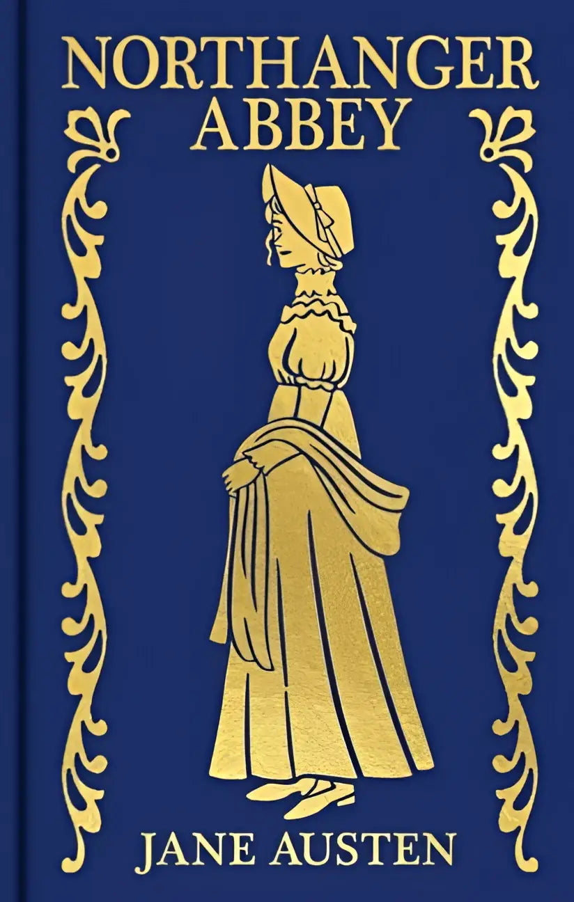Deep blue hardcover northanger abbey gilded pocket edition with gold embossed woman illustration and lettering by jane austen