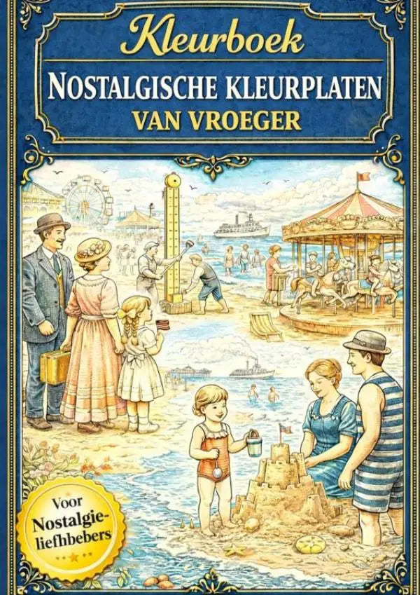 Nostalgisch kleurboek met cover van vintage Nederlandse kermis aan zee met periode kledij en attracties