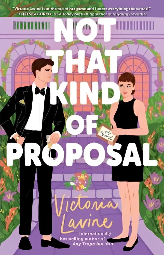 Boekomslag van not that kind of proposal een roman met illustratie van man en vrouw voor paarse en groene tuin