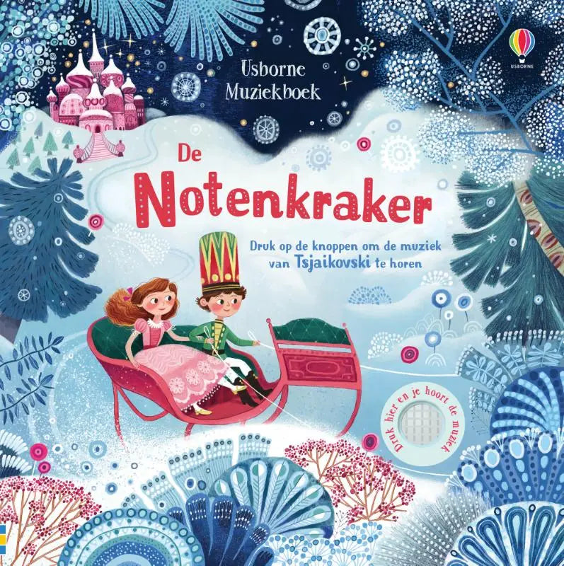 De notenkraker muziekboek voor jonge lezers met een winters tafereel en feestelijke illustraties op de omslag