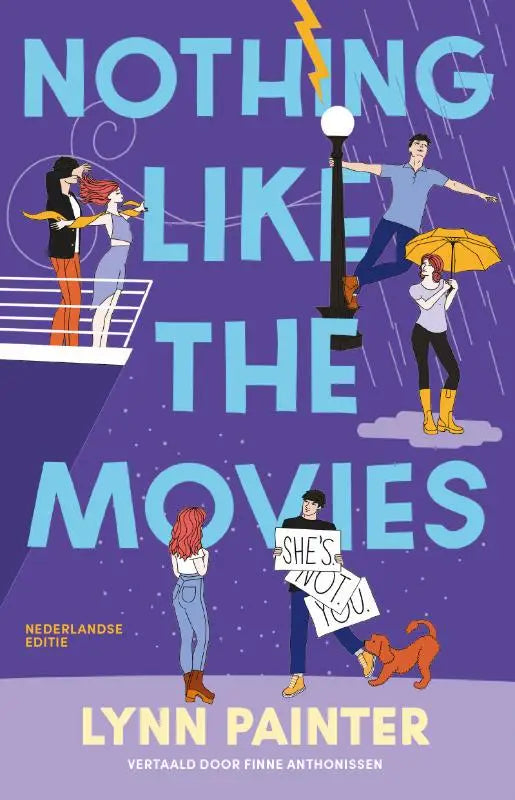 Paarse boekomslag van nothing like the movies met blauwe titel, geïllustreerde personages en bliksemschicht op sterrenhemel