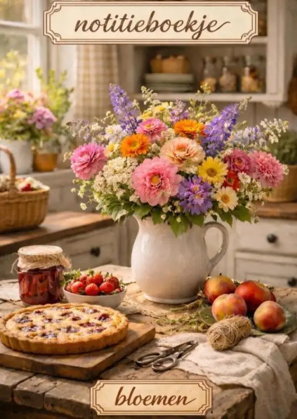 Notitieboekje bloemen met een witte keramische kan gevuld met een levendig boeket kleurige bloemen
