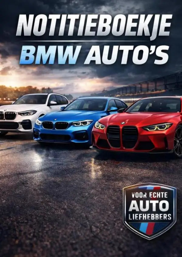 Notitieboekje met bmw auto in witte suv, blauwe sedan en rode coupe met glanzende en aerodynamische ontwerpen
