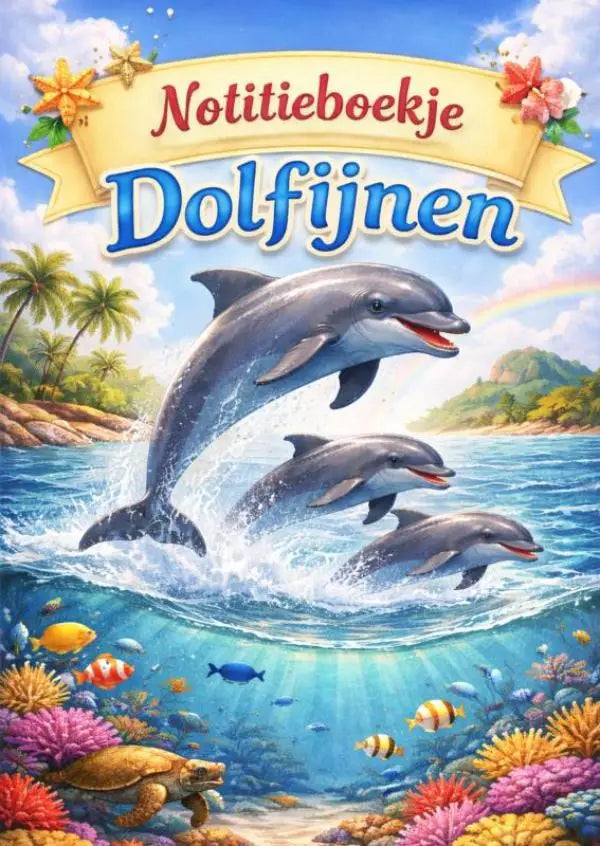 Notitieboekje met drie grijze dolfijnen die springen boven een kleurrijk koraalrif in turquoise oceaanwater