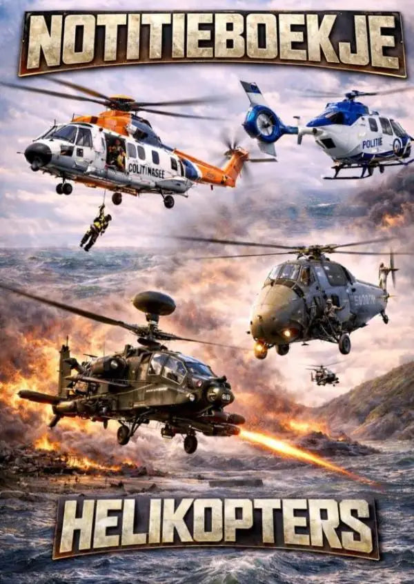 Notitieboekje met coverart van helikopters in vlucht boven ruwe zee inclusief oranje witte politiehelikopter en militaire helikopter