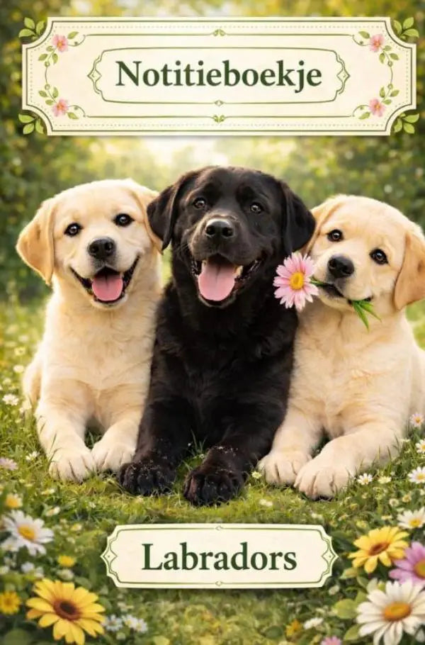 A floral-patterned notitieboekje cover with three labrador puppies in black and yellow featuring the title notitieboekje and labradors