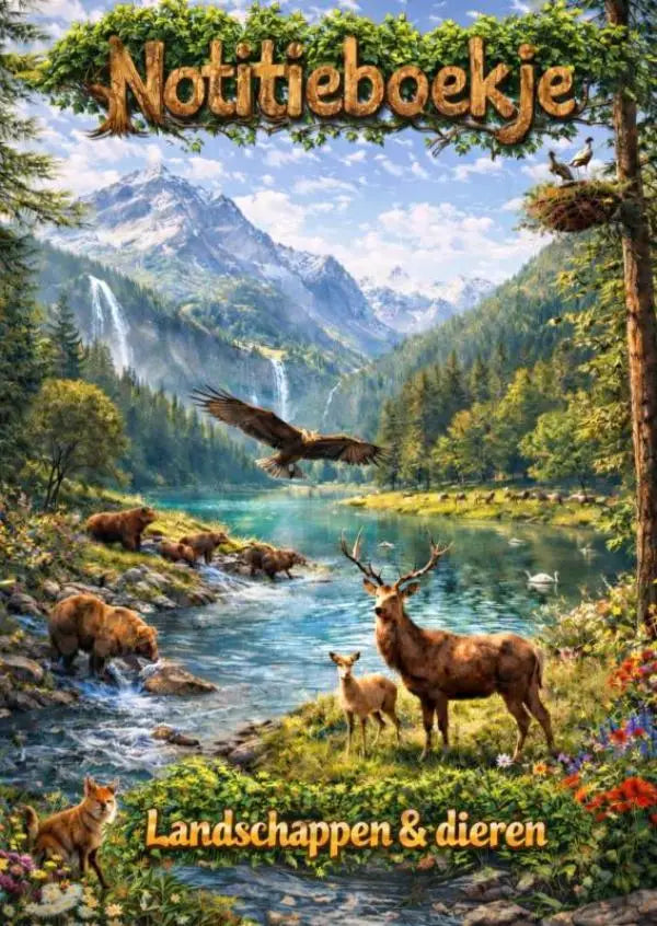De voorkant van een notitieboekje met levendige illustraties van landschappen en wilde dieren